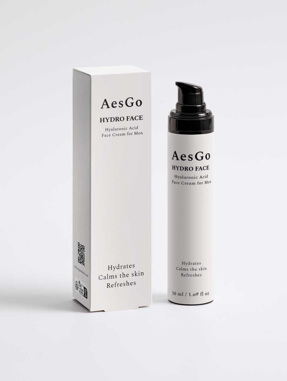 AesGo Hydro Face Hyaluronic Acid Cream in a sleek jar, highlighting its lightweight, deeply hydrating formula for a plump and glowing complexion.