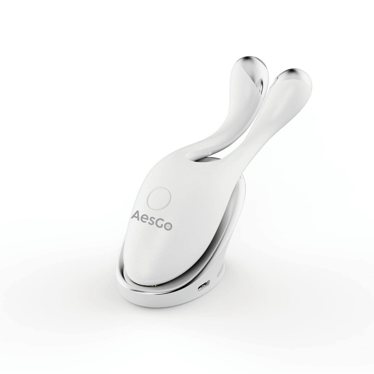 Silver electronic device with 'AesGo' branding on a white background