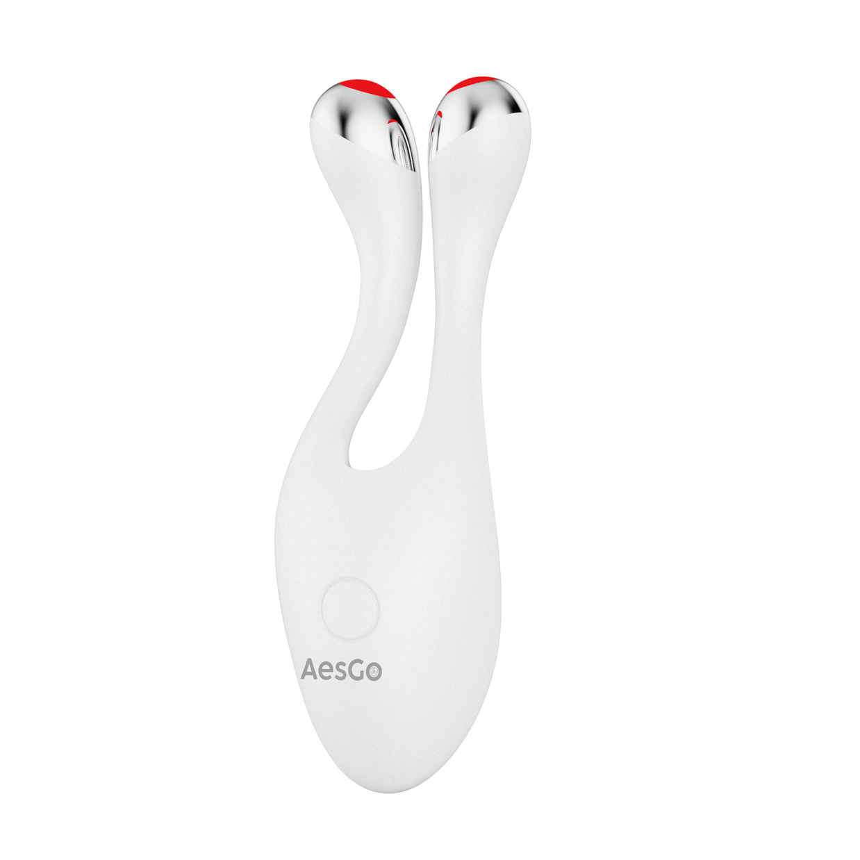 White handheld beauty device with red light on a white background, featuring the brand 'AesGo'