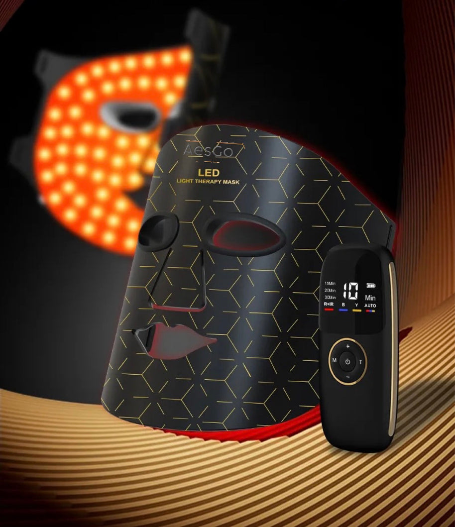 AesGo LED Light Therapy Mask with multiple wavelengths for acne, wrinkles, and hyperpigmentation. Medical-grade silicone face mask for professional-level phototherapy and skin brightening.