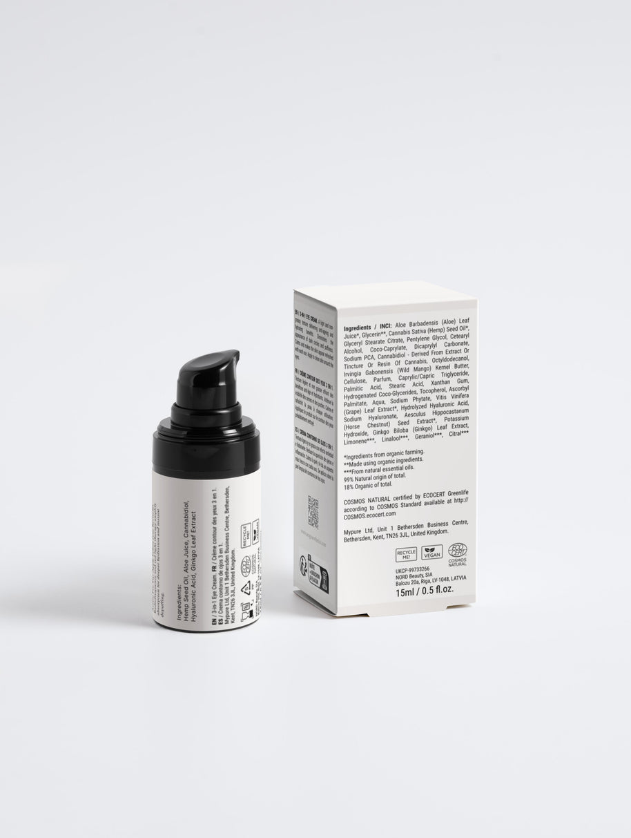 AesGo Total Eye Revive 3-in-1 eye cream packaging, formulated to target dark circles, puffiness, and fine lines around the delicate eye area.