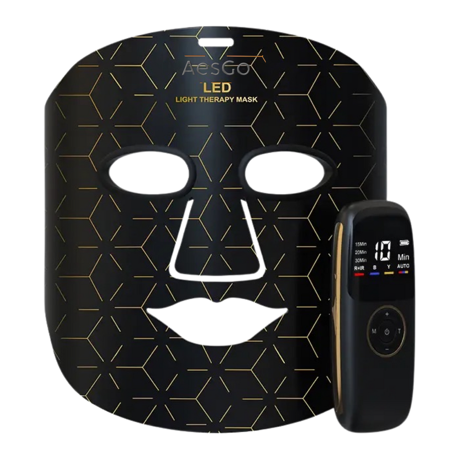 AesGo LED Light Therapy Mask with multiple wavelengths for acne, wrinkles, and hyperpigmentation. Medical-grade silicone face mask for professional-level phototherapy and skin brightening.