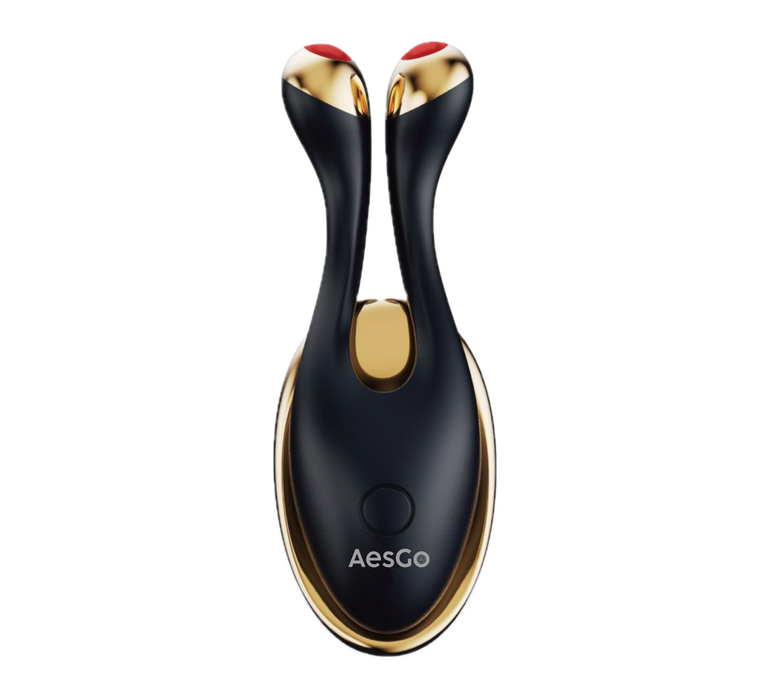 Black and gold facial massager with red accents on a white background, featuring the brand 'AesGo'.