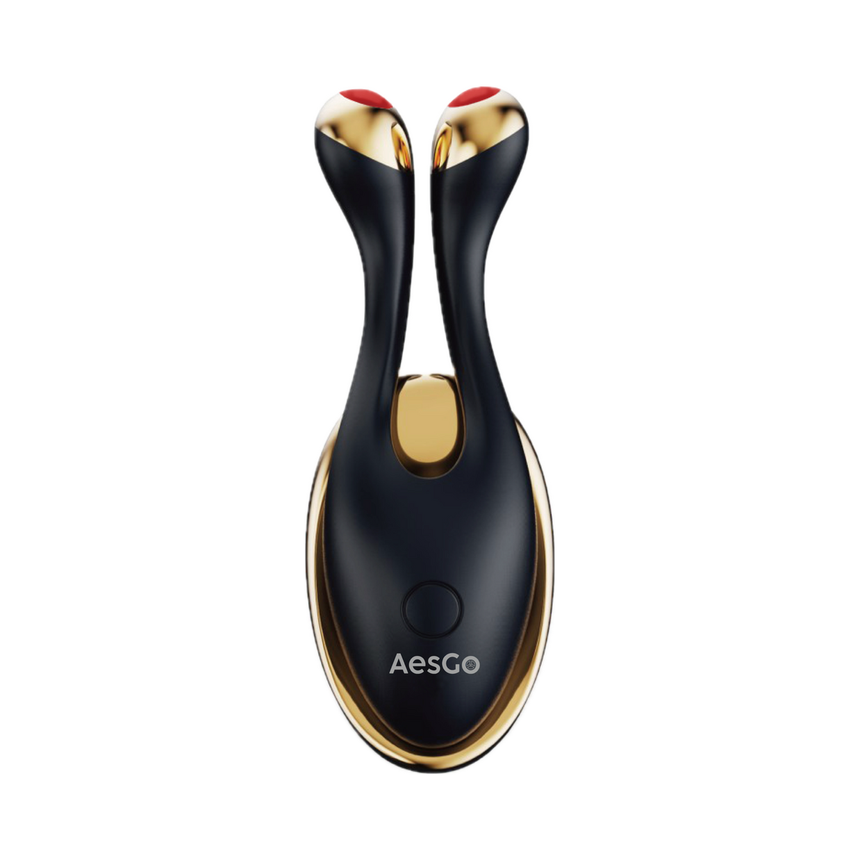 Black and gold facial massager with red accents on a white background, featuring the brand 'AesGo'.