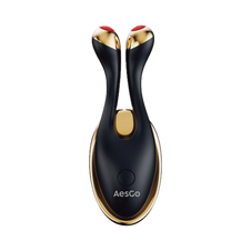 Black and gold facial massager with red accents on a white background, featuring the brand 'AesGo'.