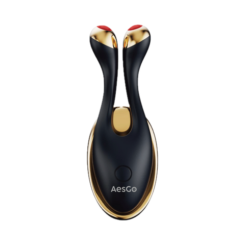 Black and gold facial massager with red accents on a white background, featuring the brand 'AesGo'.