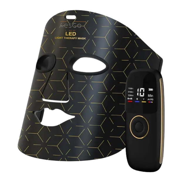 AesGo LED Light Therapy Mask with multiple wavelengths for acne, wrinkles, and hyperpigmentation. Medical-grade silicone face mask for professional-level phototherapy and skin brightening.